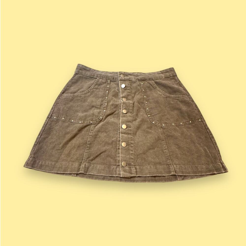 Chelsea & Violet Brown Taupe Corduroy Button Front Mini Skirt Studded Size 31